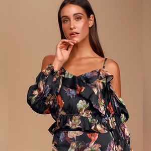 Lulu’s Alayah Black Floral Print Satin Ruffled Off-the-Shoulder Top Size XS